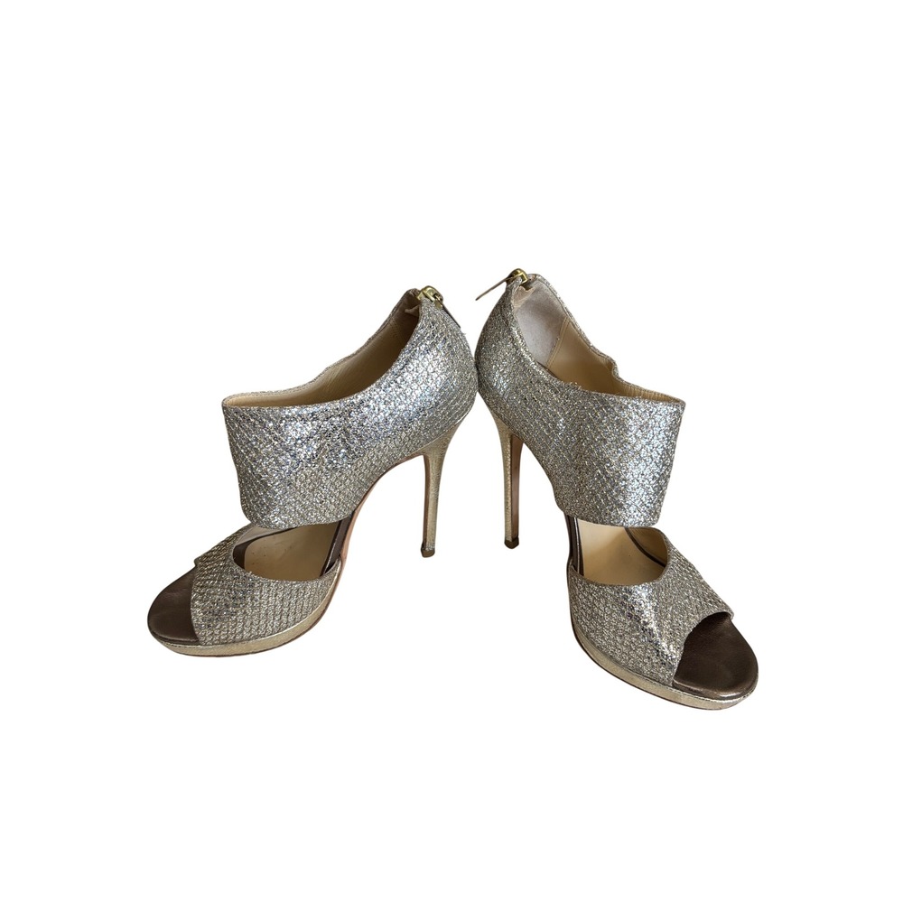Jimmy Choo Champagne Glitter Peep Toe Platform Sandals Ankle Zip Heels 37.5